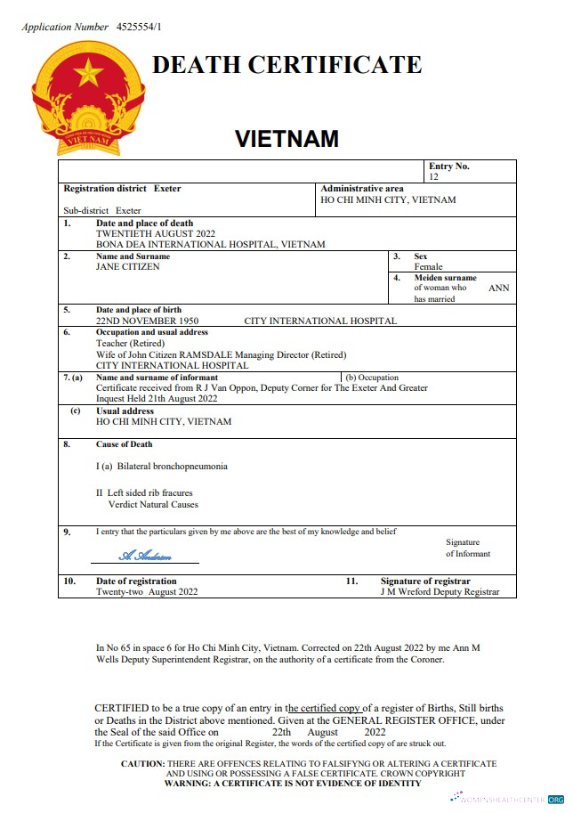 Download Vietnam vital record death certificate Word and PDF template Photoshop template